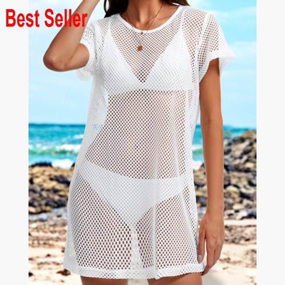 Polyester Hollow Out Beach Coverup Dress Short Sleeve Swimwear - Picture 3 of 6